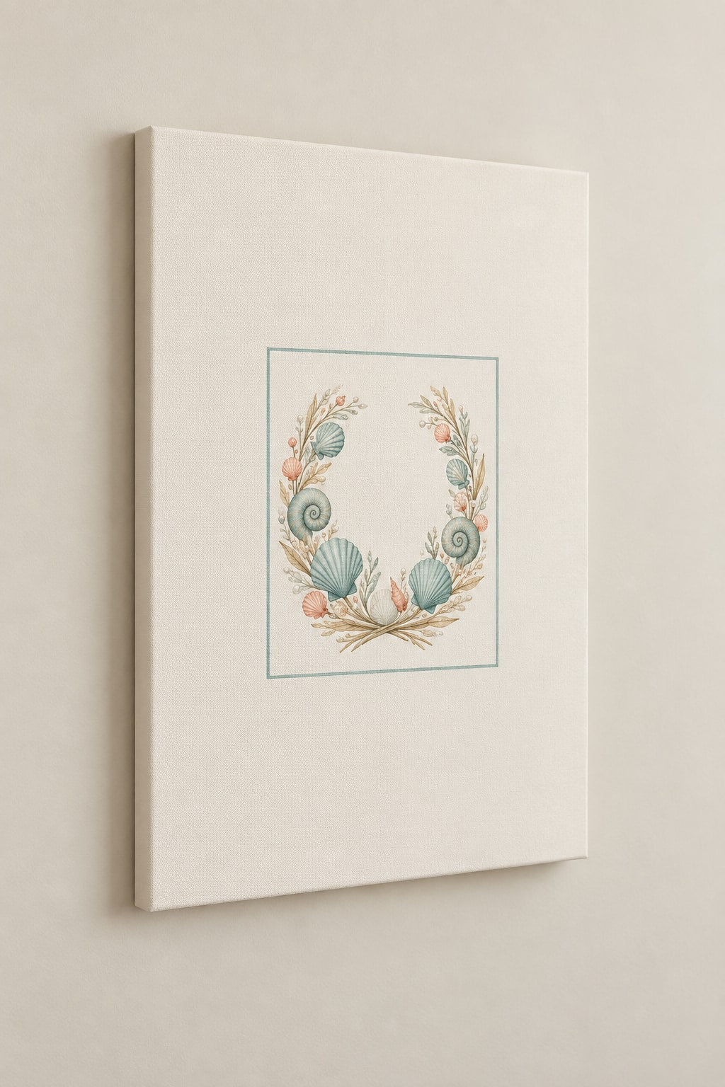 Coastal Shell Wedding Stretched Canvas Wall Art with dimensional printed themed artwork; representative AI-generated mockup.