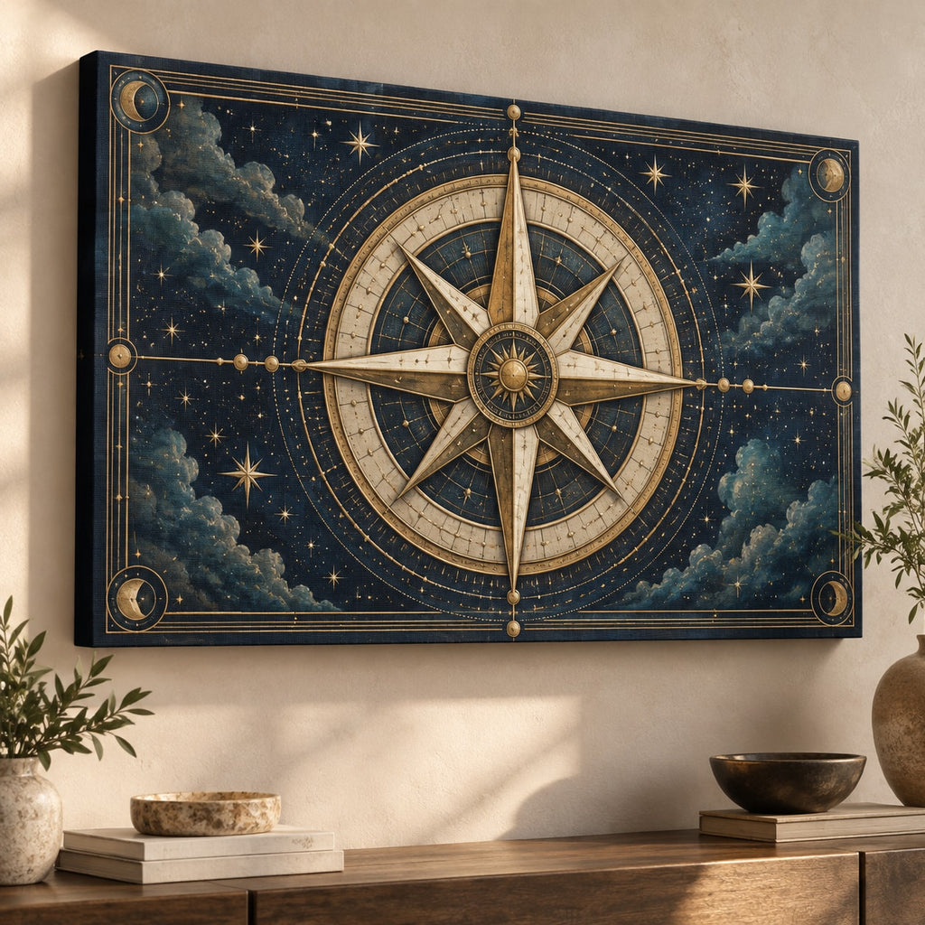 Star Compass Stretched Canvas Wall Art with dimensional printed themed artwork; representative AI-generated mockup.