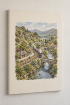 Storybook Train Village Map Stretched Canvas Wall Art with dimensional printed themed artwork; representative AI-generated mockup.