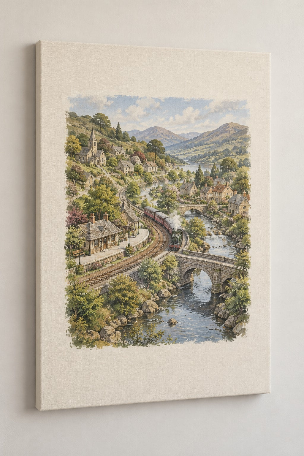 Storybook Train Village Map Stretched Canvas Wall Art with dimensional printed themed artwork; representative AI-generated mockup.