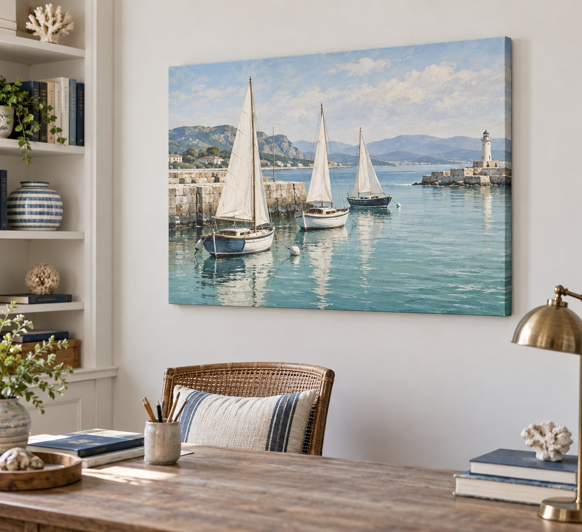 Sailboat Harbor Stretched Canvas Wall Art with dimensional printed themed artwork; representative AI-generated mockup.