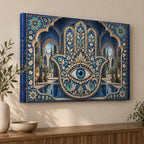 Hamsa Eye Mosaic Stretched Canvas Wall Art with dimensional printed themed artwork; representative AI-generated mockup.