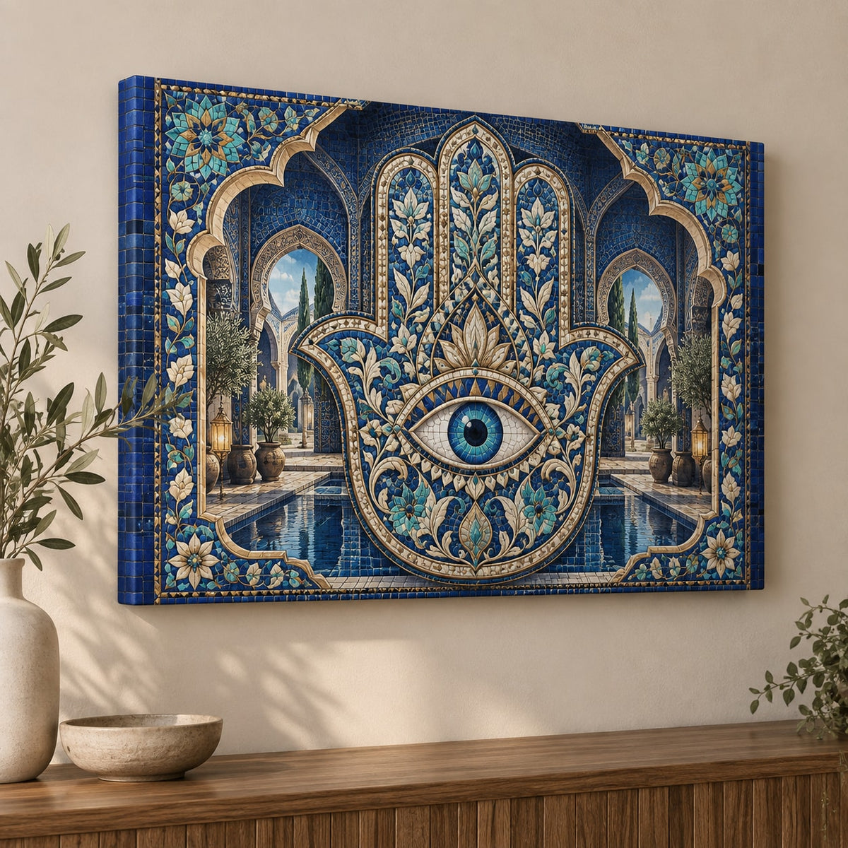 Hamsa Eye Mosaic Stretched Canvas Wall Art with dimensional printed themed artwork; representative AI-generated mockup.