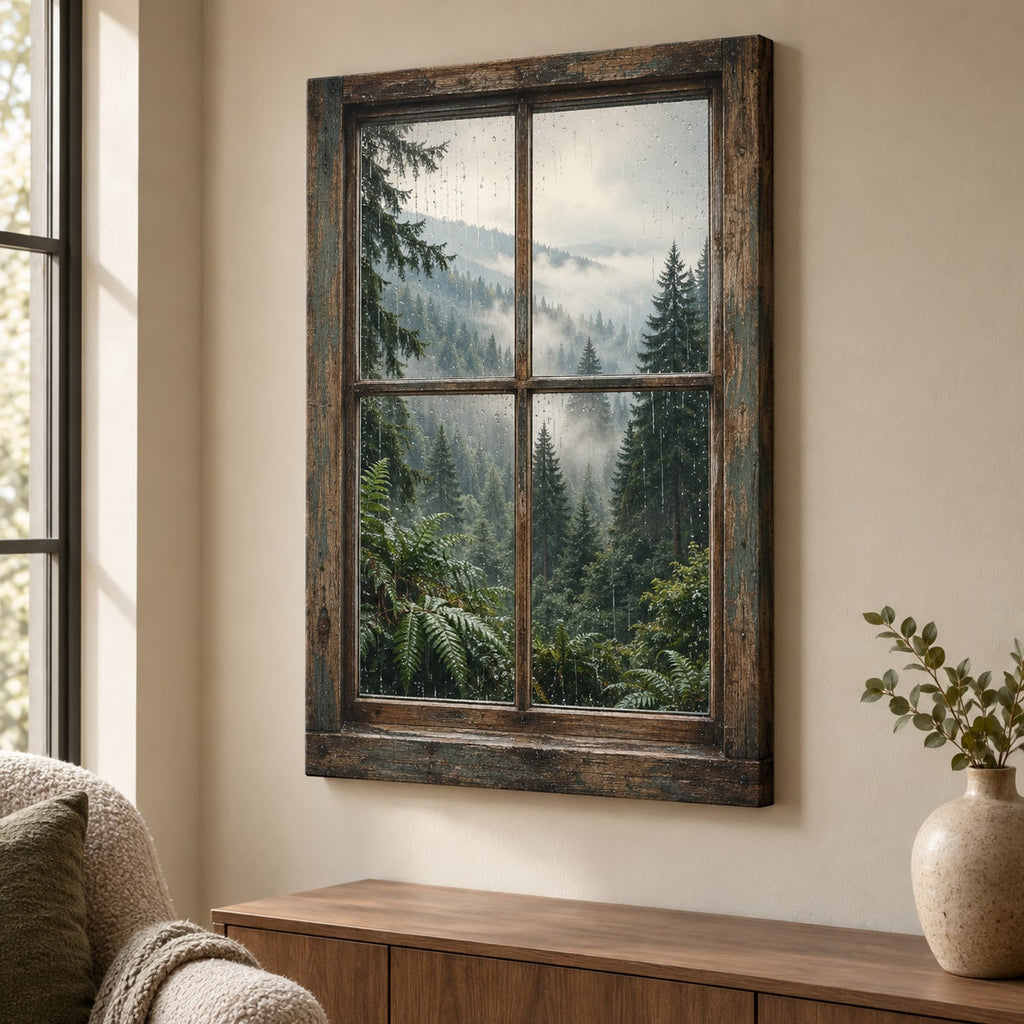 Rainy Forest Window Stretched Canvas Wall Art with dimensional printed themed artwork; representative AI-generated mockup.