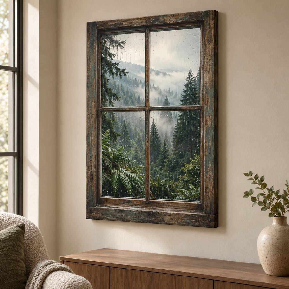 Rainy Forest Window Stretched Canvas Wall Art with dimensional printed themed artwork; representative AI-generated mockup.
