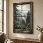Rainy Forest Window Stretched Canvas Wall Art with dimensional printed themed artwork; representative AI-generated mockup.