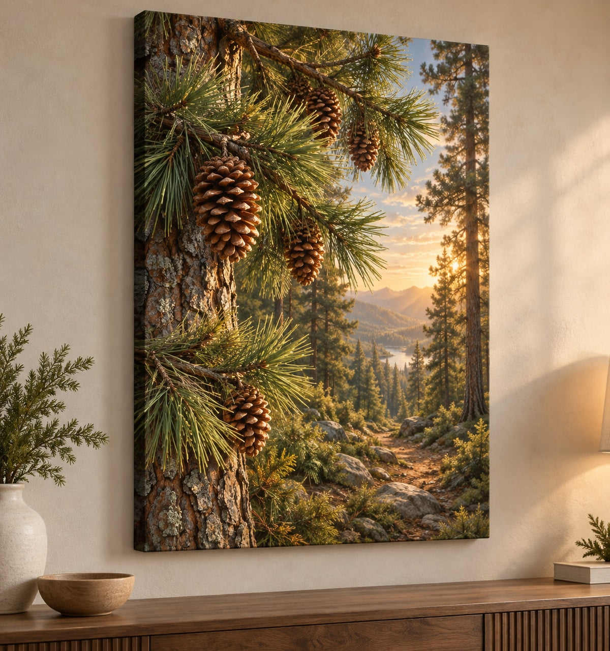 Pinecones and Needles Stretched Canvas Wall Art with dimensional printed themed artwork; representative AI-generated mockup.