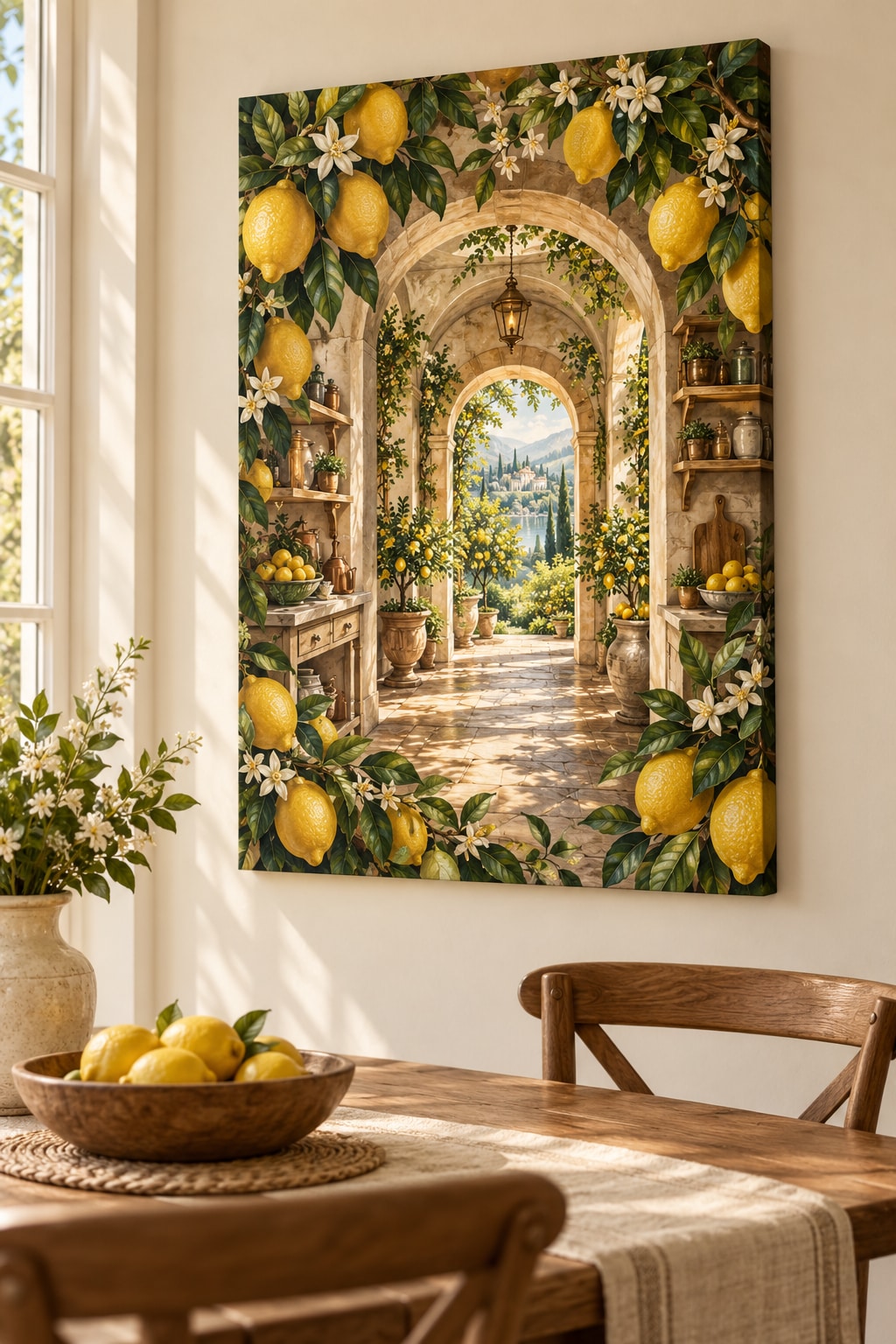 Lemon Kitchen Stretched Canvas Wall Art with dimensional printed themed artwork; representative AI-generated mockup.