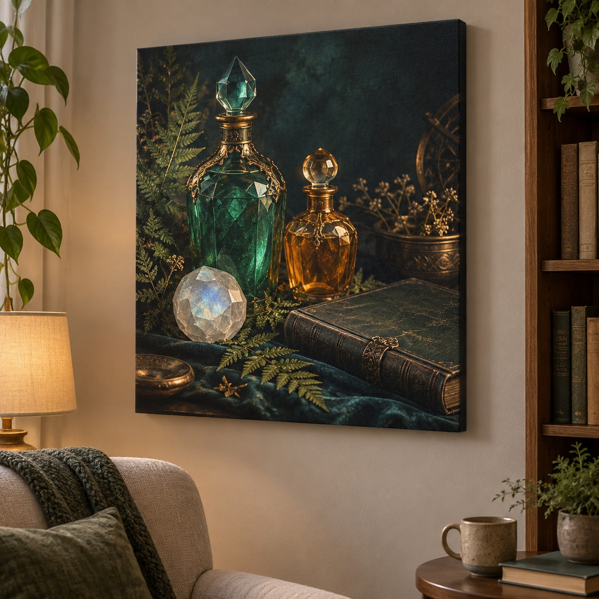 Potion Bottle Still Life Stretched Canvas Wall Art with dimensional printed themed artwork; representative AI-generated mockup.