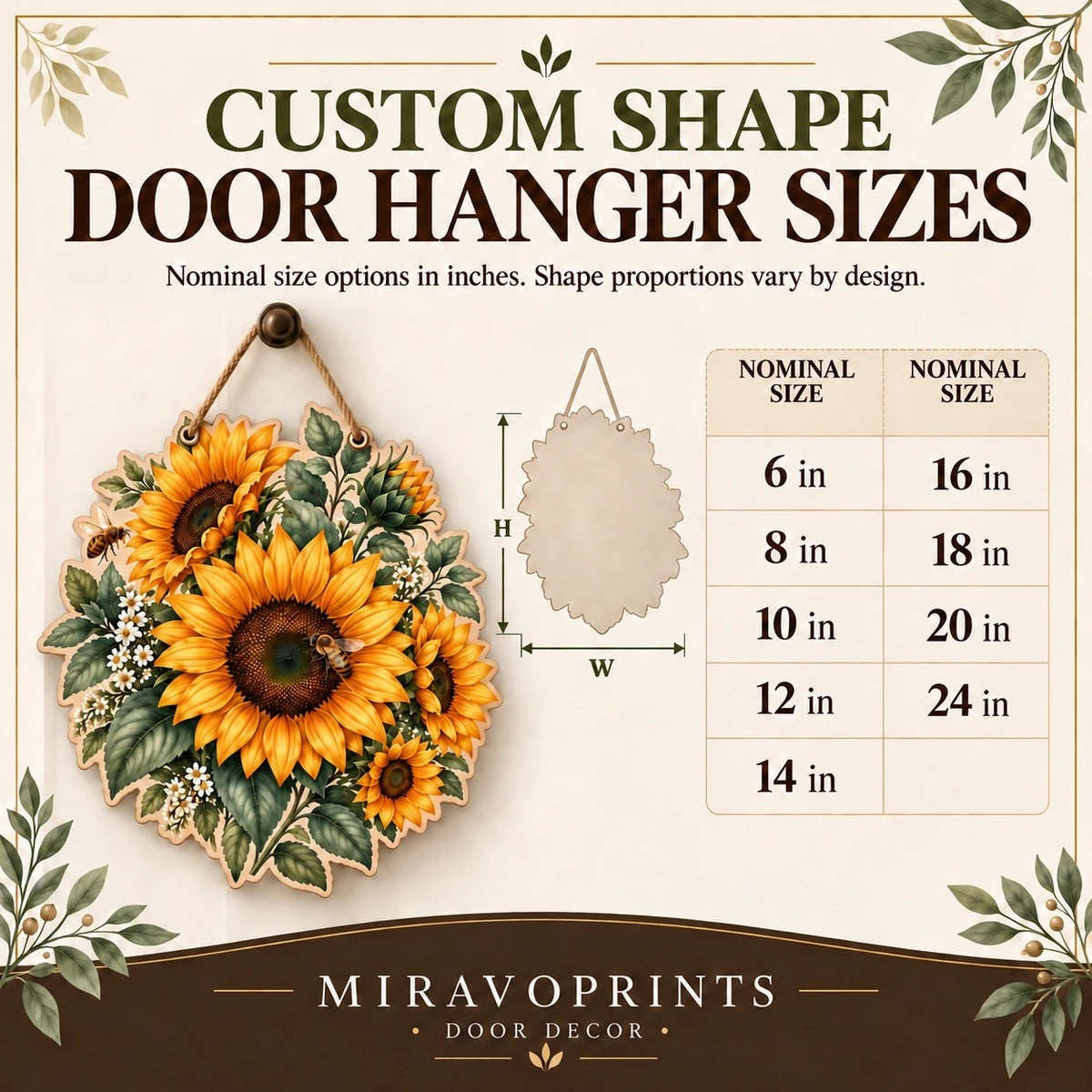 Custom Shape Wooden Door Hanger size guide with measurements and fit information