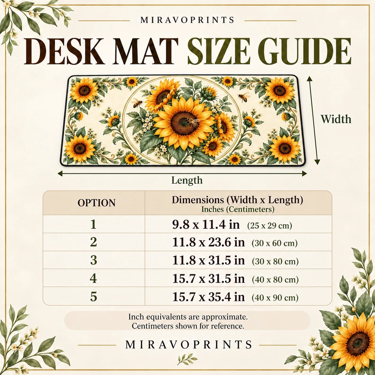 Desk Mat size guide in inches with centimeter equivalents
