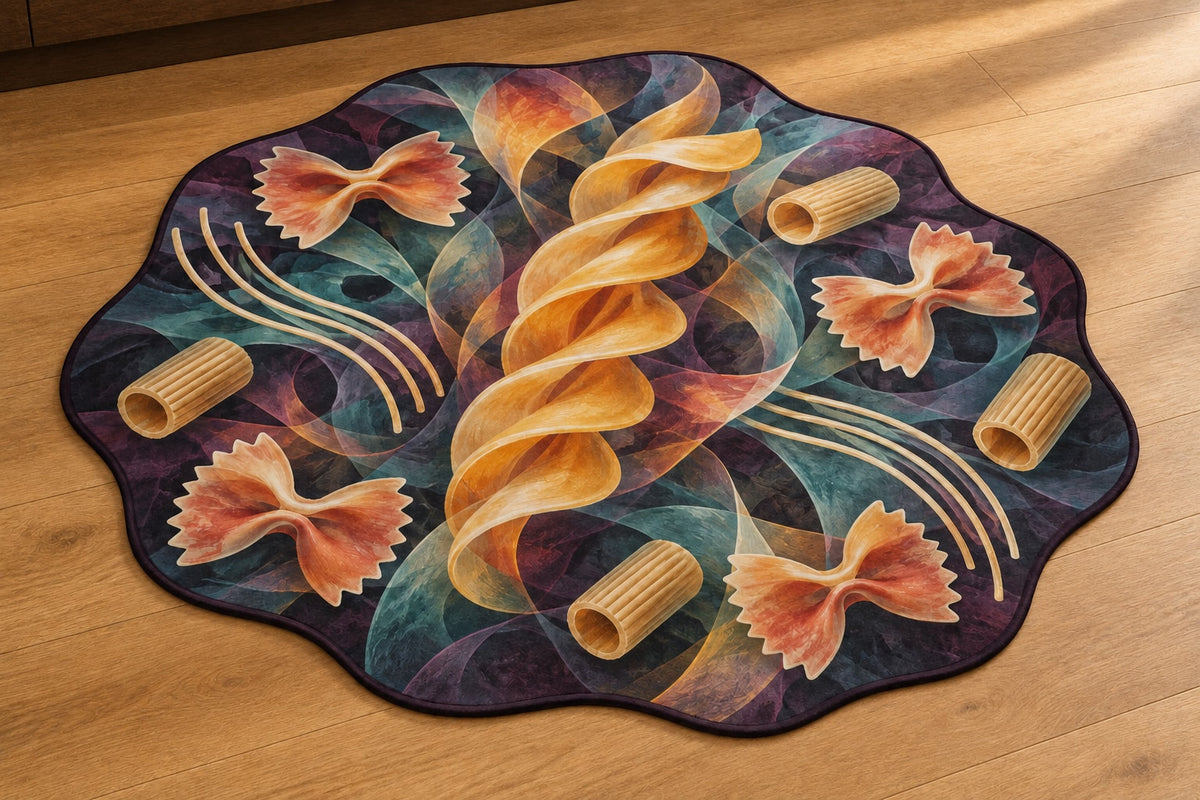 Pasta Form Parallax Custom Shape Mat on warm oak flooring; AI-generated printed-depth mockup.