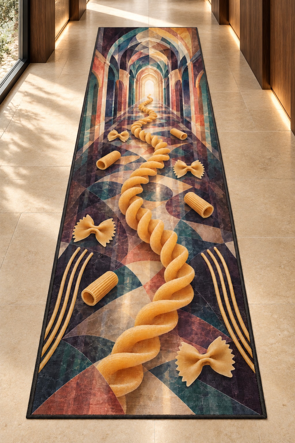 Pasta Form Parallax Runner Rug in a premium walnut and limestone corridor; AI-generated printed-depth mockup.