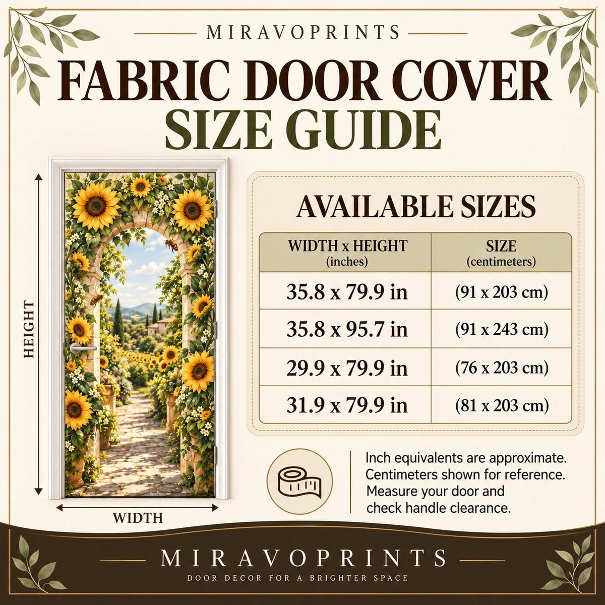 Fabric Door Cover size guide in inches with centimeter equivalents