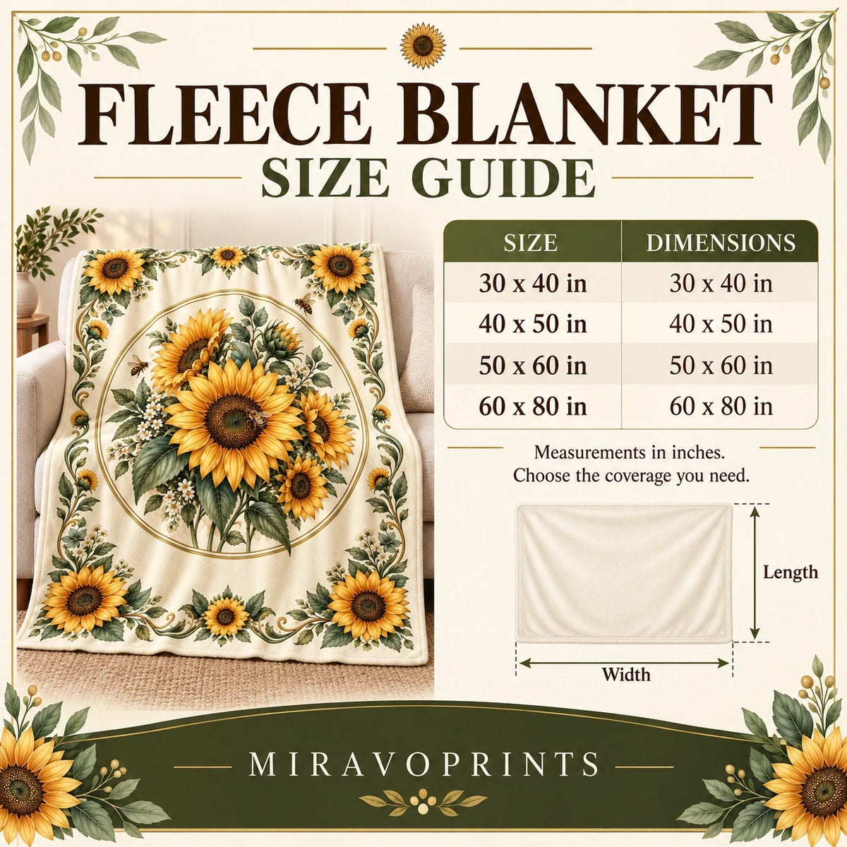 Fleece Throw Blanket size guide with measurements and fit information