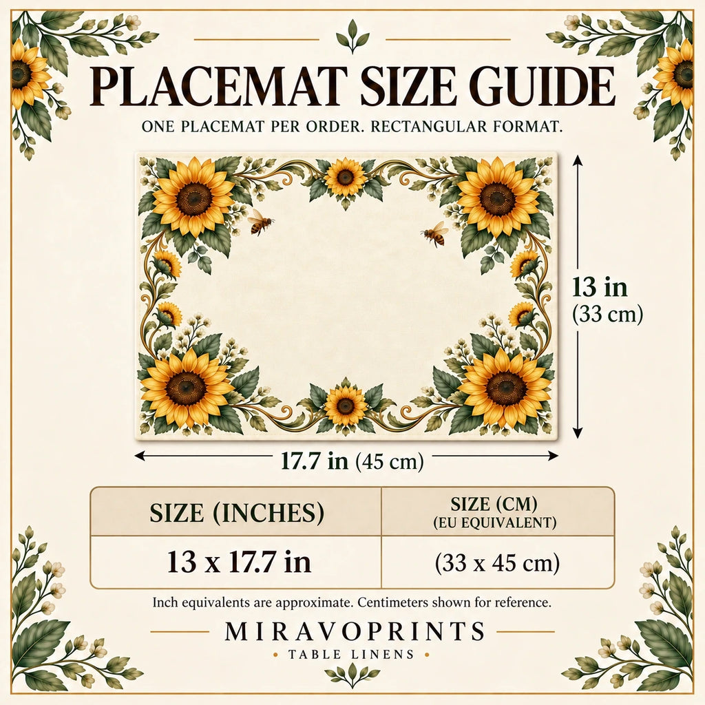Linen Placemat size guide in inches with centimeter equivalents
