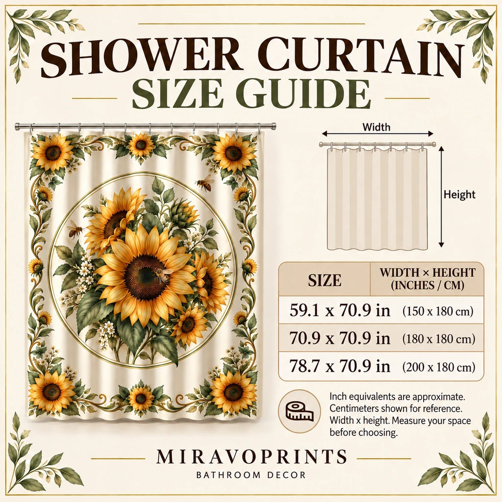 Shower Curtain size guide in inches with centimeter equivalents