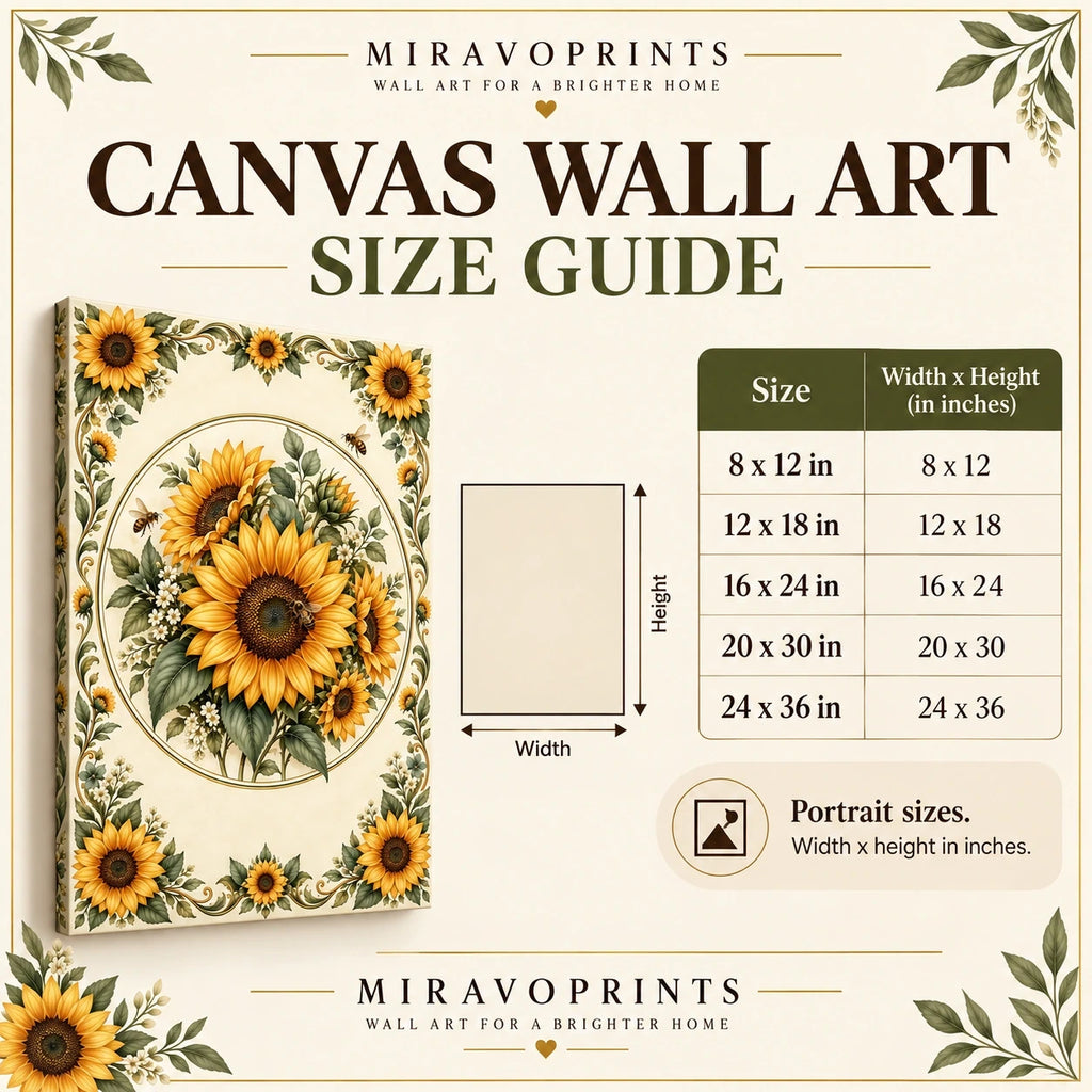 Stretched Canvas Wall Art size guide with measurements and fit information