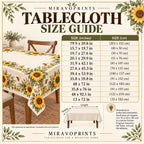 Tablecloth size guide in inches with centimeter equivalents