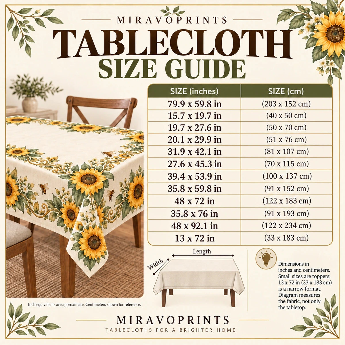 Tablecloth size guide in inches with centimeter equivalents