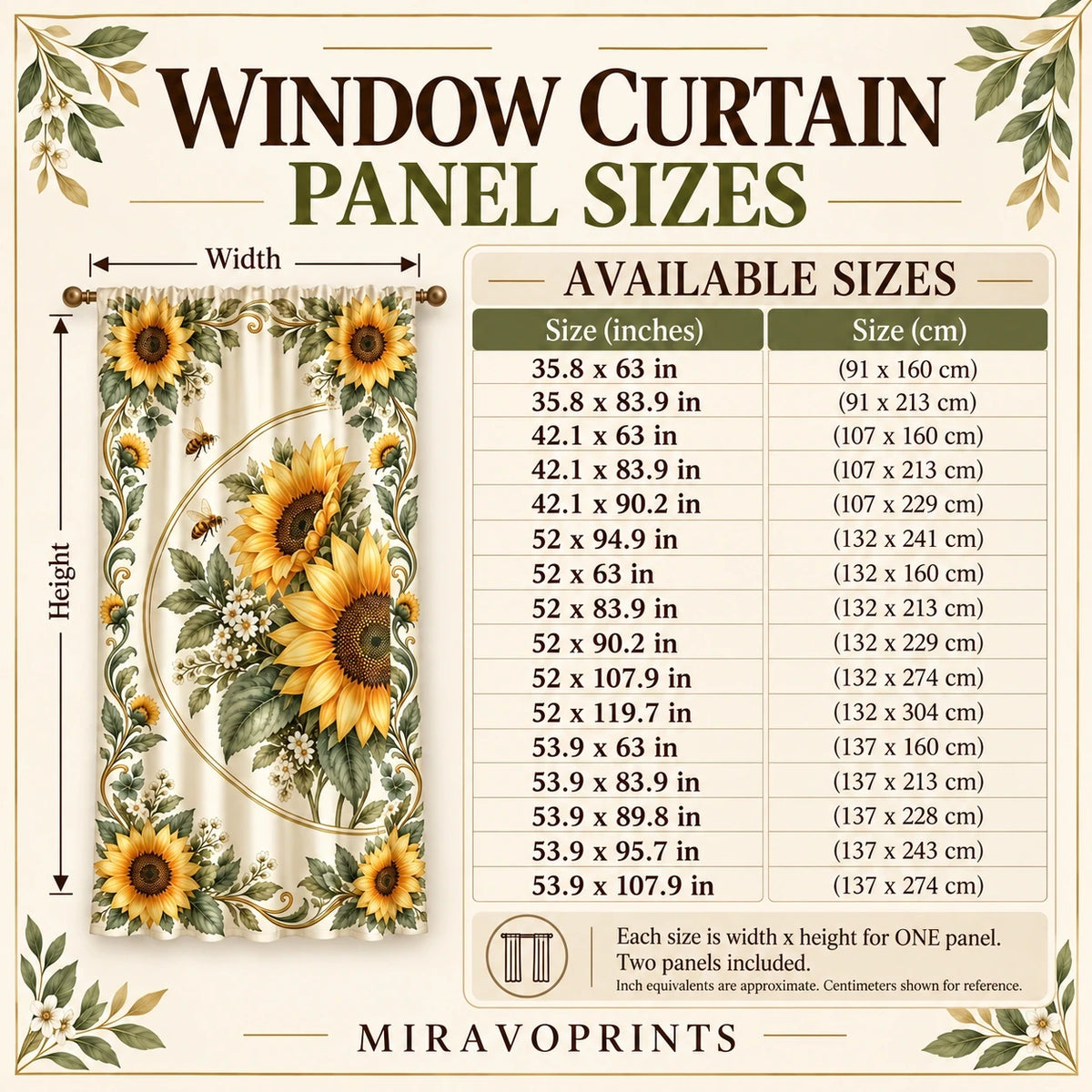 Window Curtain Pair size guide in inches with centimeter equivalents