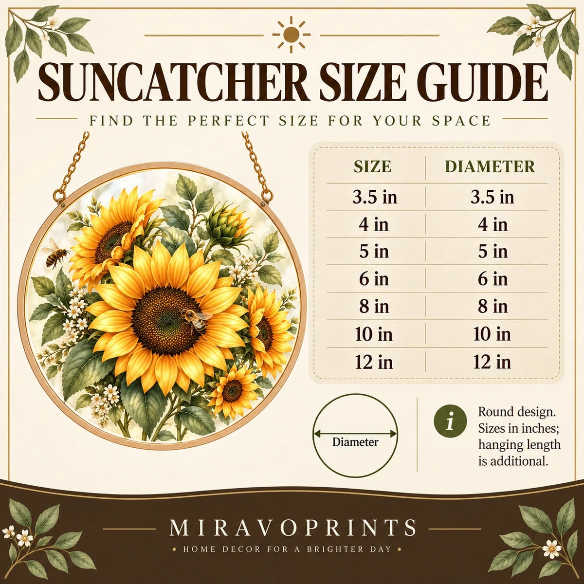 Wood and Acrylic Suncatcher size guide with measurements and fit information