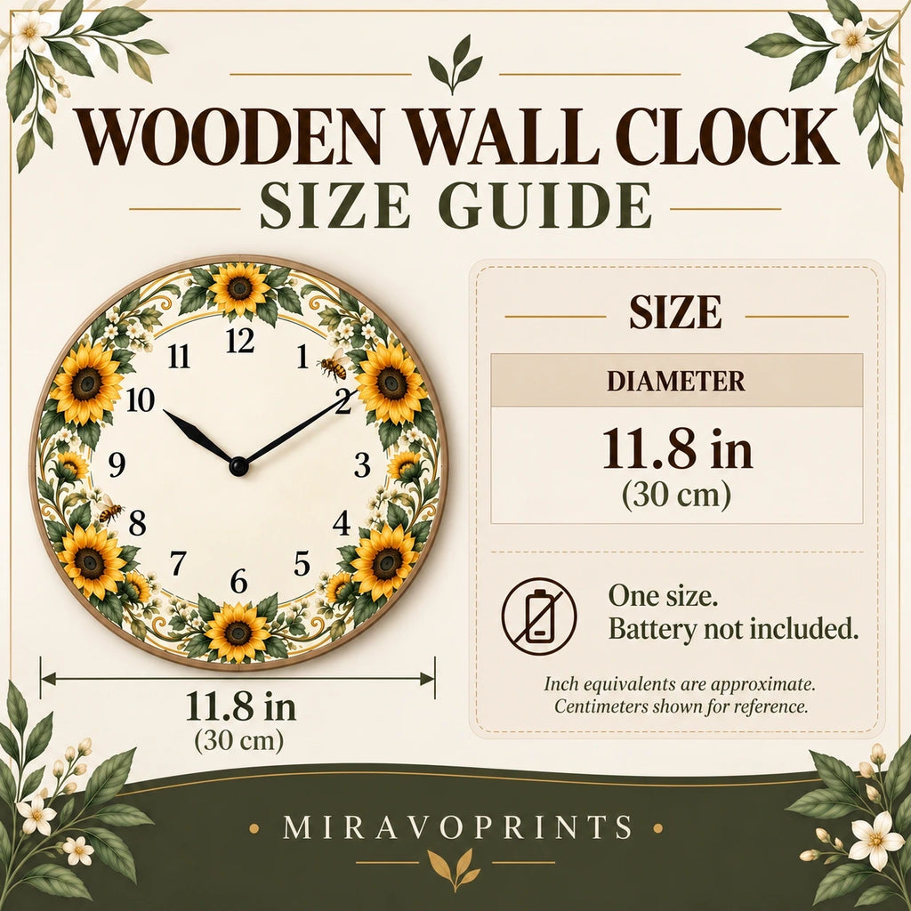 Wooden Wall Clock size guide in inches with centimeter equivalents