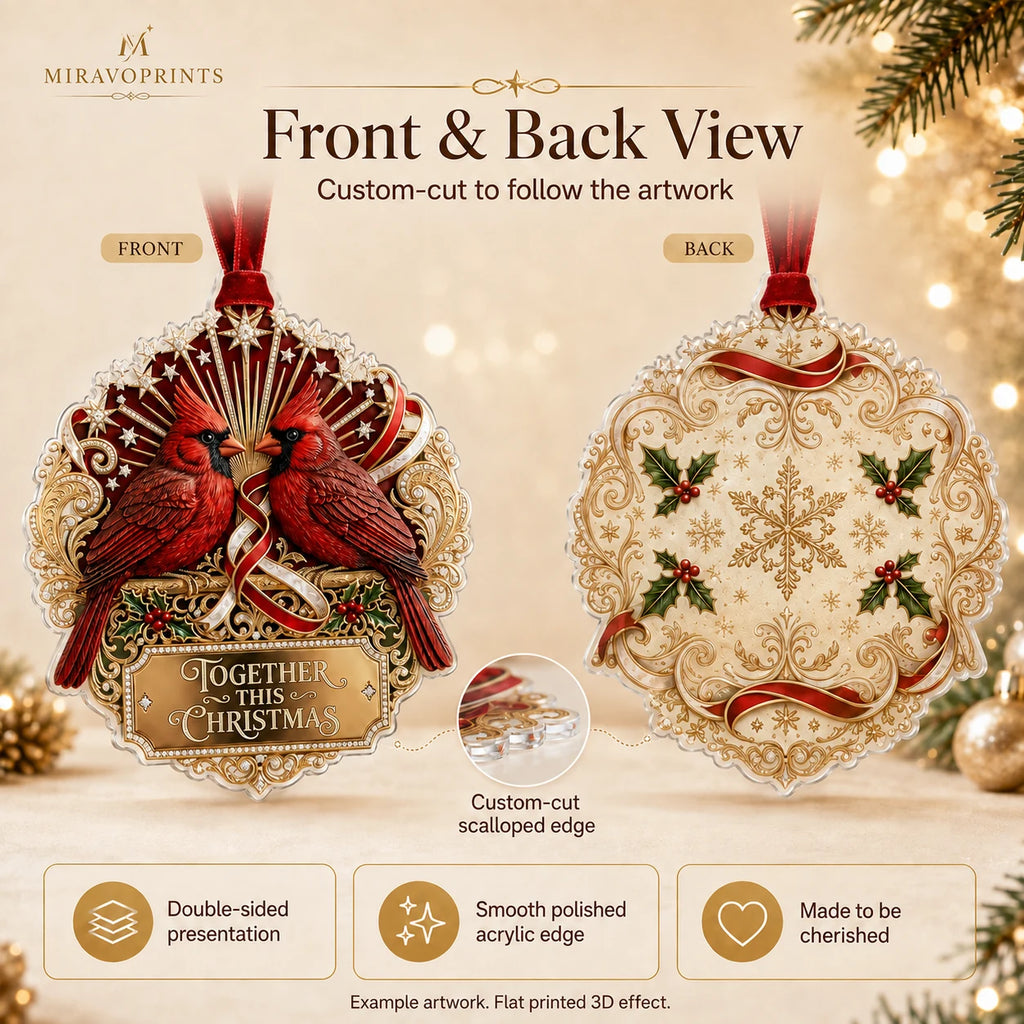 MiravoPrints ornament front and back example, custom-cut 3 mm acrylic with double-sided printed artwork