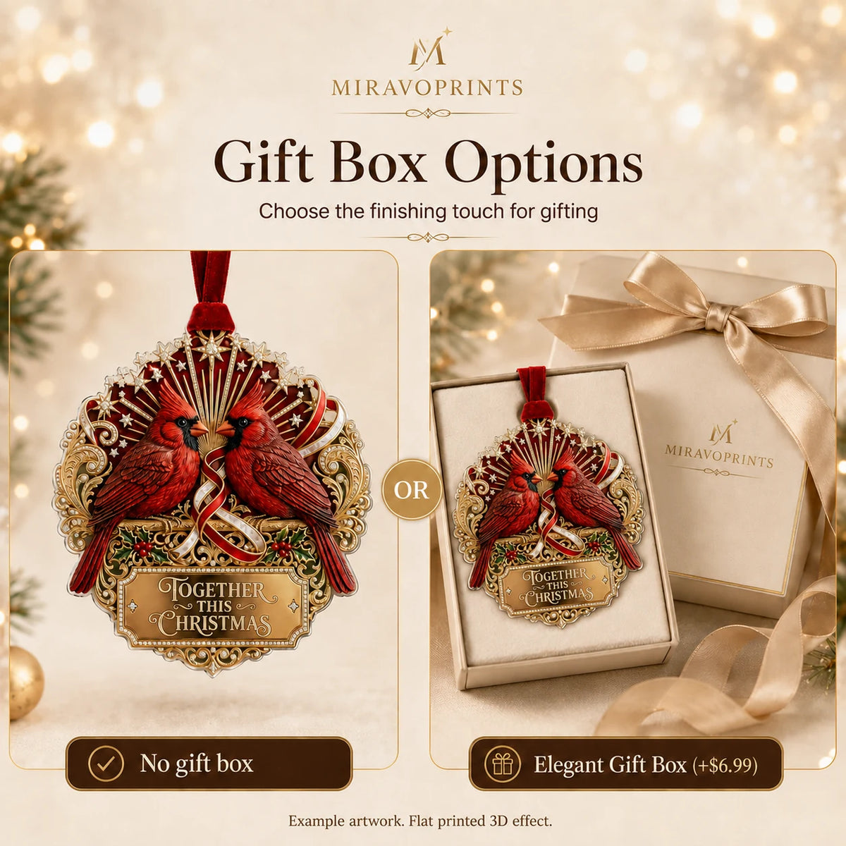 MiravoPrints ornament gift box choices: no gift box or Elegant Gift Box for an additional $6.99; example artwork