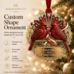 MiravoPrints custom shape acrylic ornament overview; generic cardinal example, flat printed 3D effect, gift box optional
