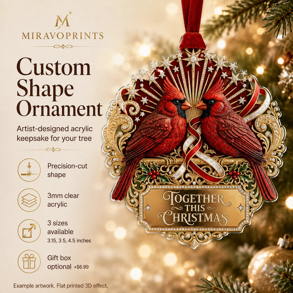 MiravoPrints custom shape acrylic ornament overview; generic cardinal example, flat printed 3D effect, gift box optional