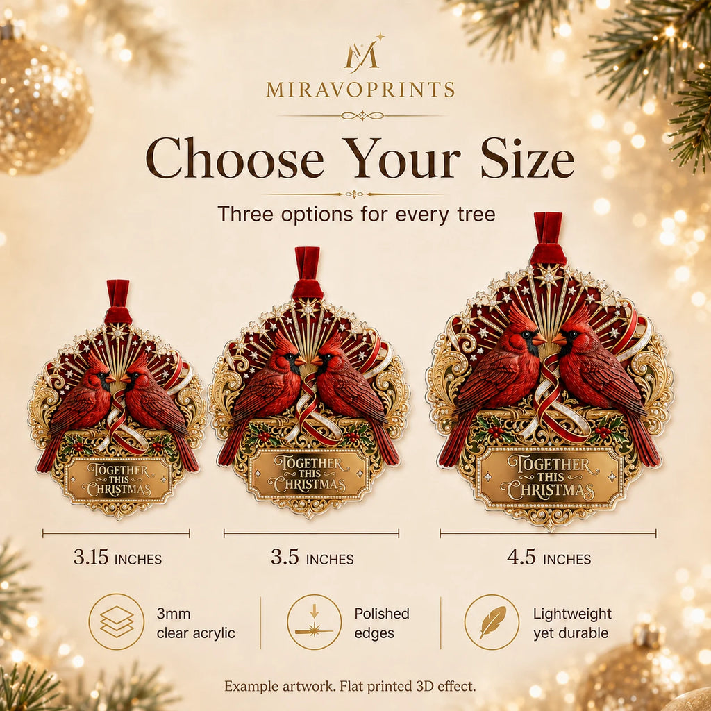 MiravoPrints ornament size guide: 3.15, 3.5 and 4.5 inches; generic cardinal example artwork