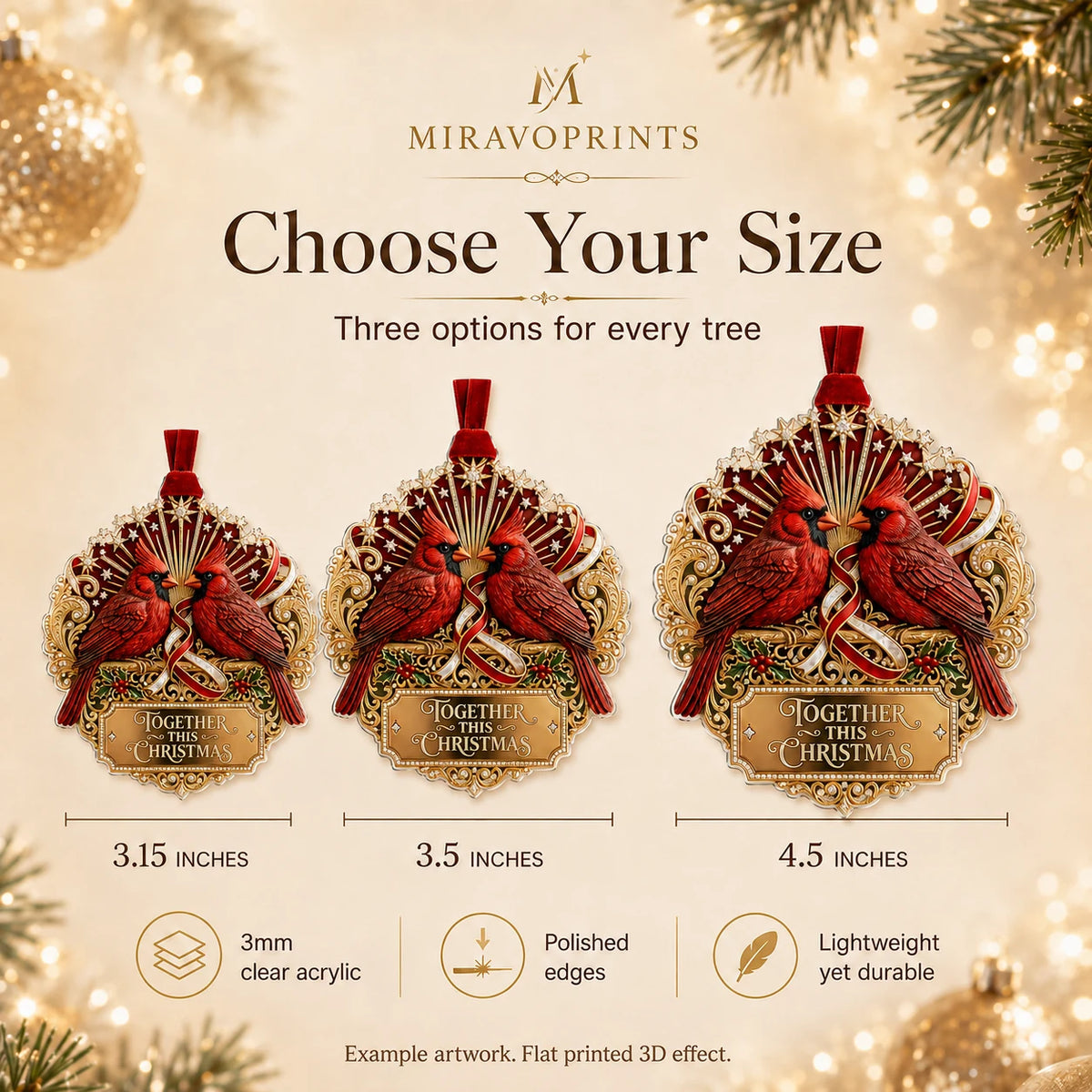 MiravoPrints ornament size guide: 3.15, 3.5 and 4.5 inches; generic cardinal example artwork