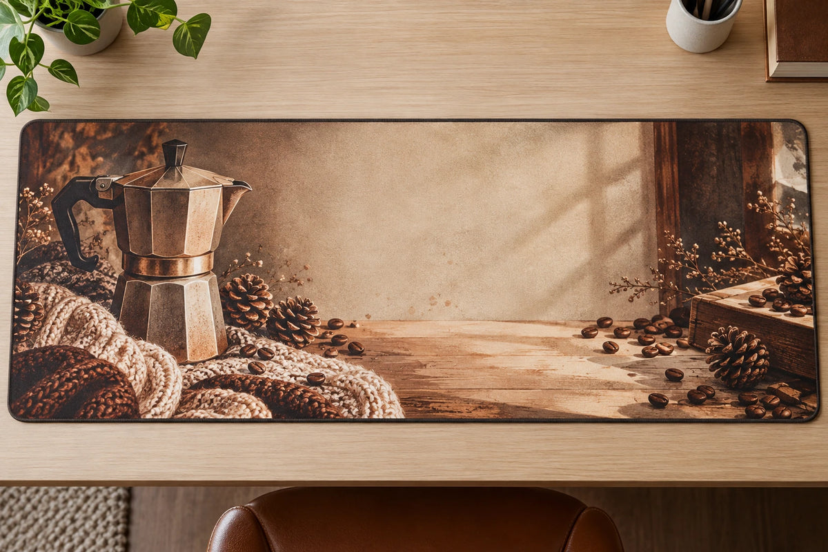 Moka Pot Cabin Brew Desk Mat with printed dimensional artwork