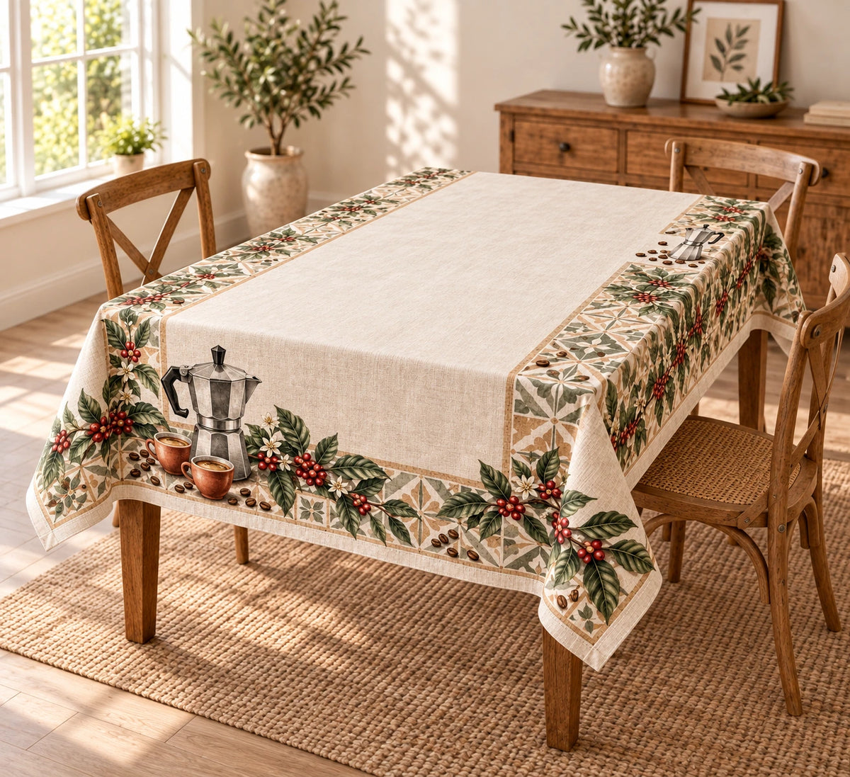 Moka Pot Botanical Border Tablecloth with flat printed moka pot botanical border depth