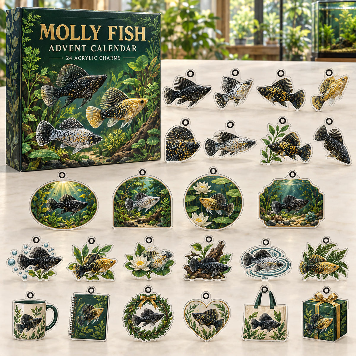 Molly Fish advent calendar box with 24 themed flat printed acrylic charms