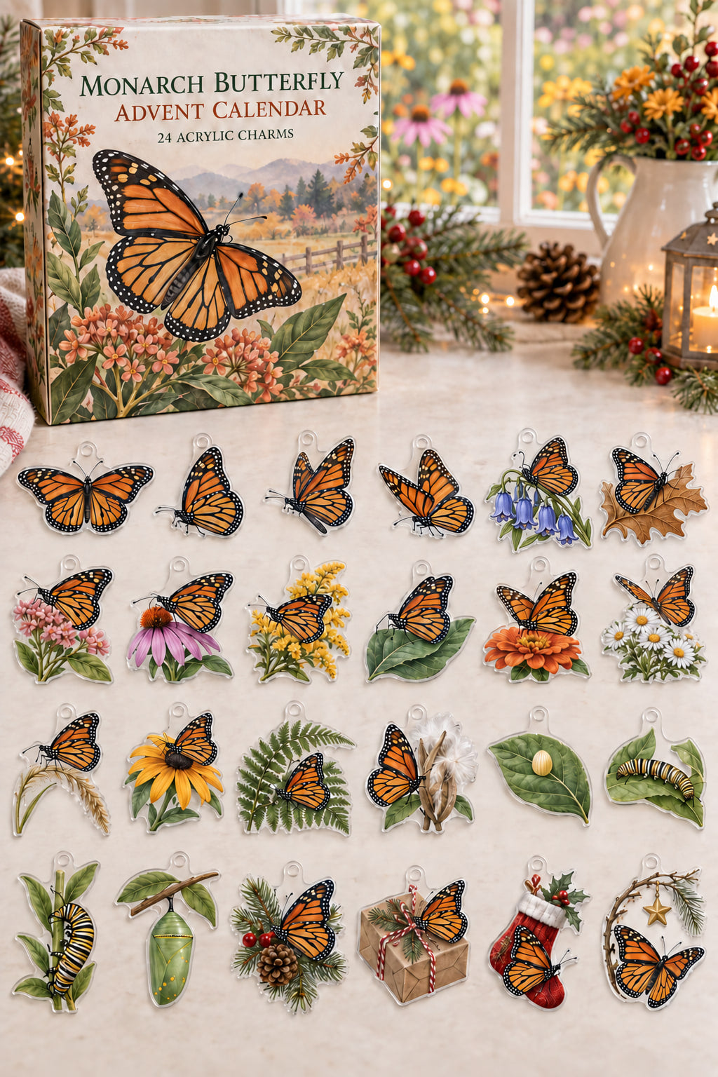 Monarch Butterfly advent calendar with 24 custom-shaped flat acrylic charms and printed dimensional artwork