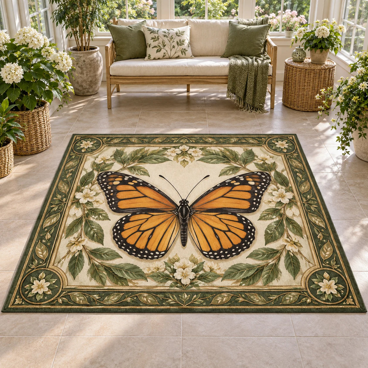 Monarch Butterfly Botanical Cabinet Area Rug with orange monarch, cream flowers and green-gold botanical frame in a sunroom