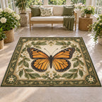 Monarch Butterfly Botanical Cabinet Area Rug with orange monarch, cream flowers and green-gold botanical frame in a sunroom