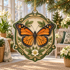 Monarch Butterfly Botanical Cabinet Christmas Ornament with orange monarch, cream flowers and green-gold botanical frame in a sunroom