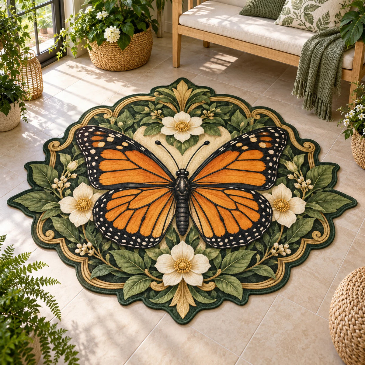 Monarch Butterfly Botanical Cabinet Custom Shape Area Rug with orange monarch, cream flowers and green-gold botanical frame in a sunroom
