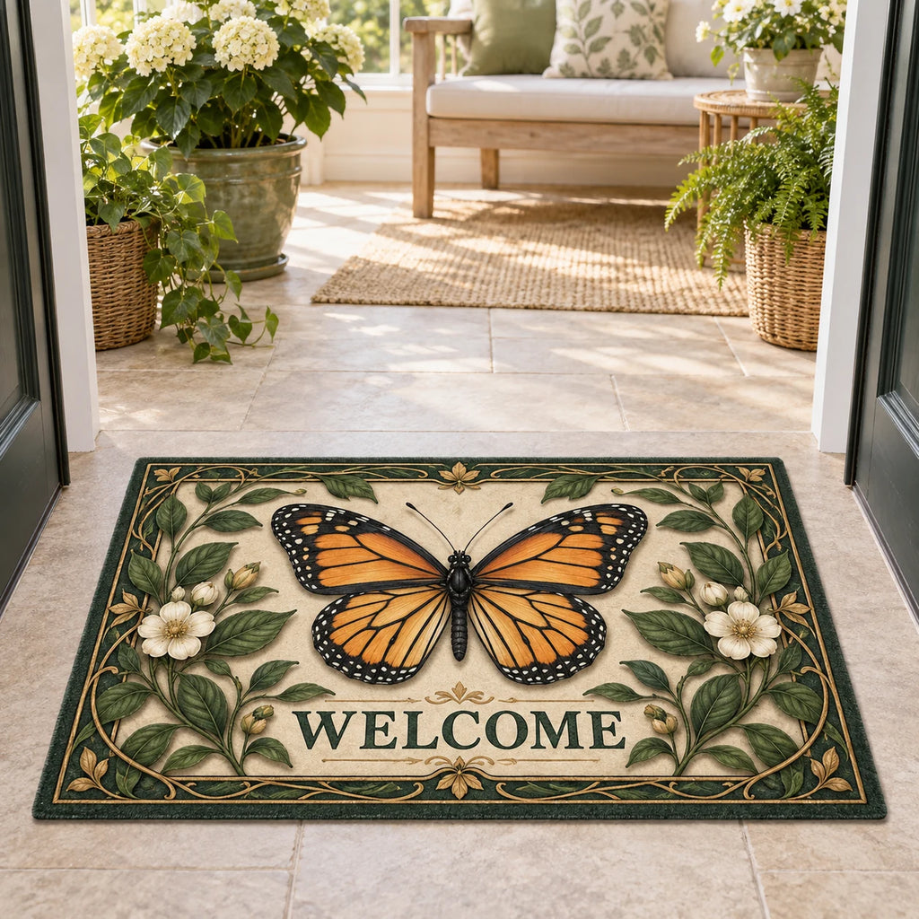 Monarch Butterfly Botanical Cabinet Doormat with orange monarch, cream flowers and green-gold botanical frame in a sunroom