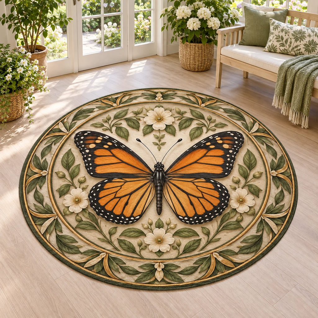 Monarch Butterfly Botanical Cabinet Round Mat Rug with orange monarch, cream flowers and green-gold botanical frame in a sunroom