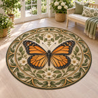 Monarch Butterfly Botanical Cabinet Round Mat Rug with orange monarch, cream flowers and green-gold botanical frame in a sunroom