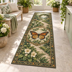 Monarch Butterfly Botanical Cabinet Runner Rug with orange monarch, cream flowers and green-gold botanical frame in a sunroom