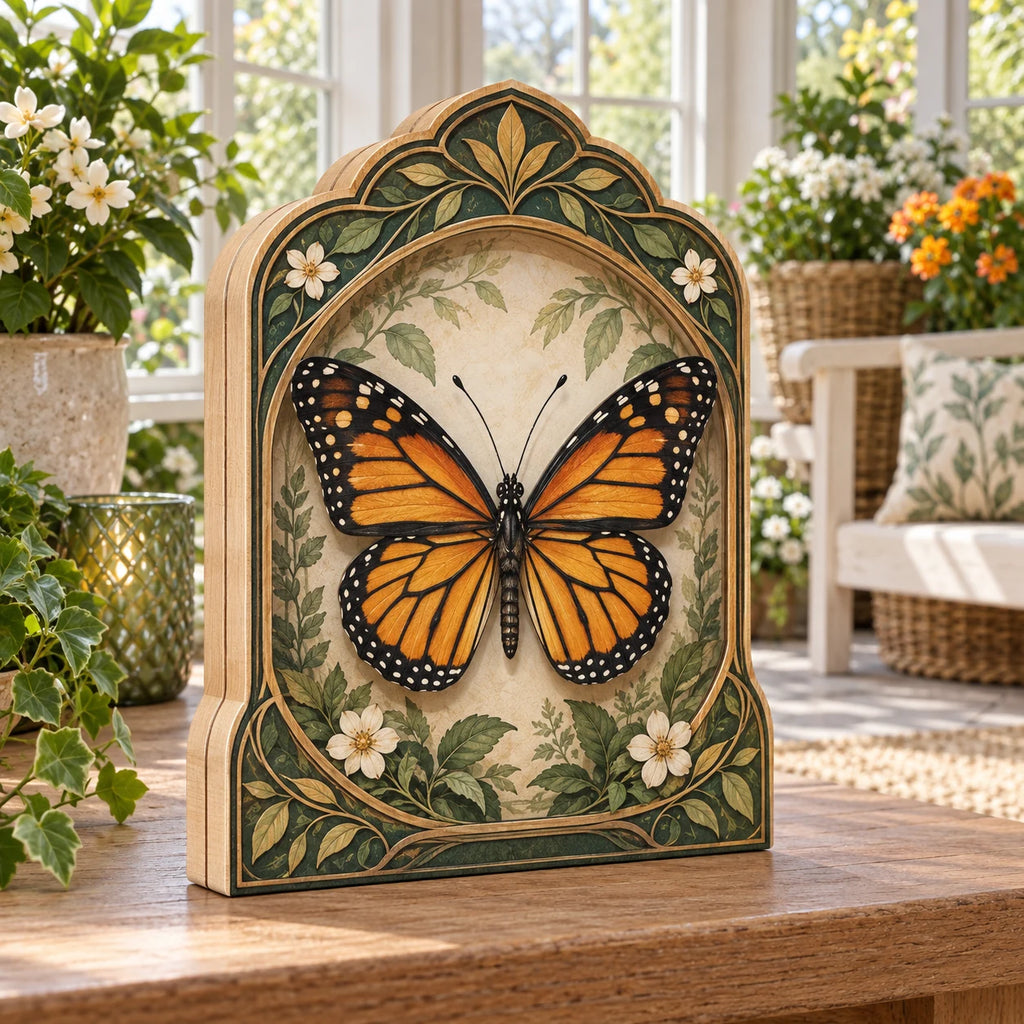 Monarch Butterfly Botanical Cabinet Wooden Block 3 Layer with orange monarch, cream flowers and green-gold botanical frame in a sunroom