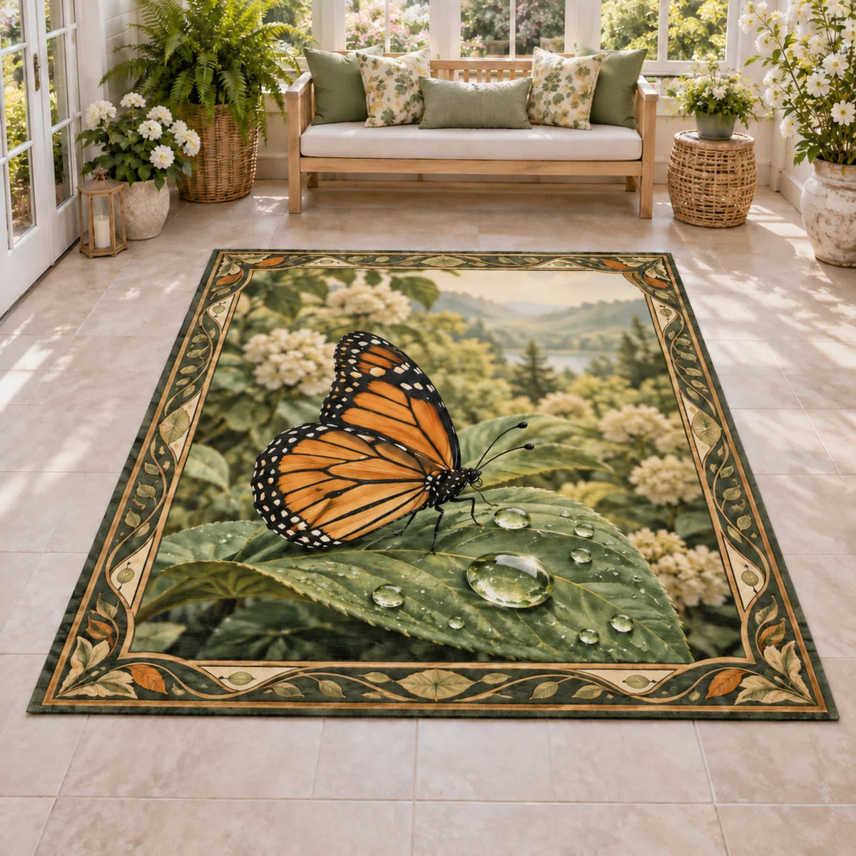 Monarch Dewdrop Leaf Area Rug with dimensional printed artwork in a coordinated indoor setting
