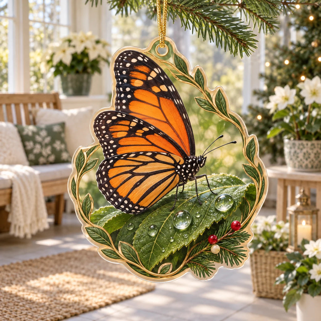 Monarch Dewdrop Leaf Ornament with dimensional printed artwork in a matching indoor setting