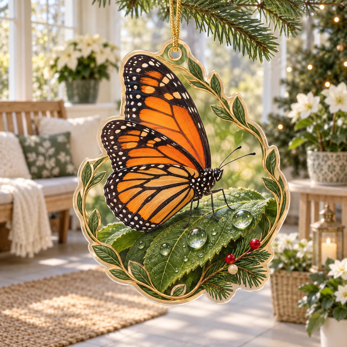 Monarch Dewdrop Leaf Ornament with dimensional printed artwork in a matching indoor setting