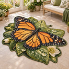 Monarch Dewdrop Leaf Shaped Rug with dimensional printed artwork in a matching indoor setting